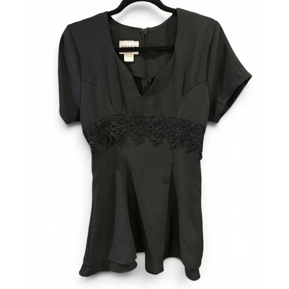 Vintage Kelly Fashion Black V-Neck Short Sleeve Lace Mini Dress Women's Size M-L
